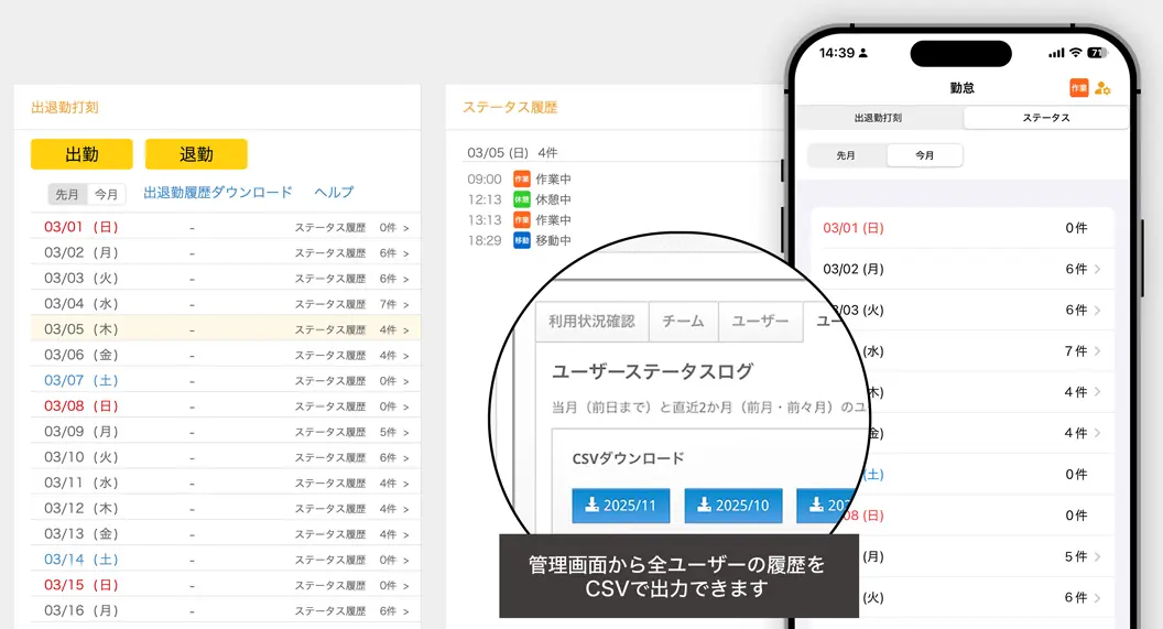 全ユーザーのステータス履歴をダウンロードする操作画面と、出退勤打刻画面からステータス履歴が一覧で確認できる様子